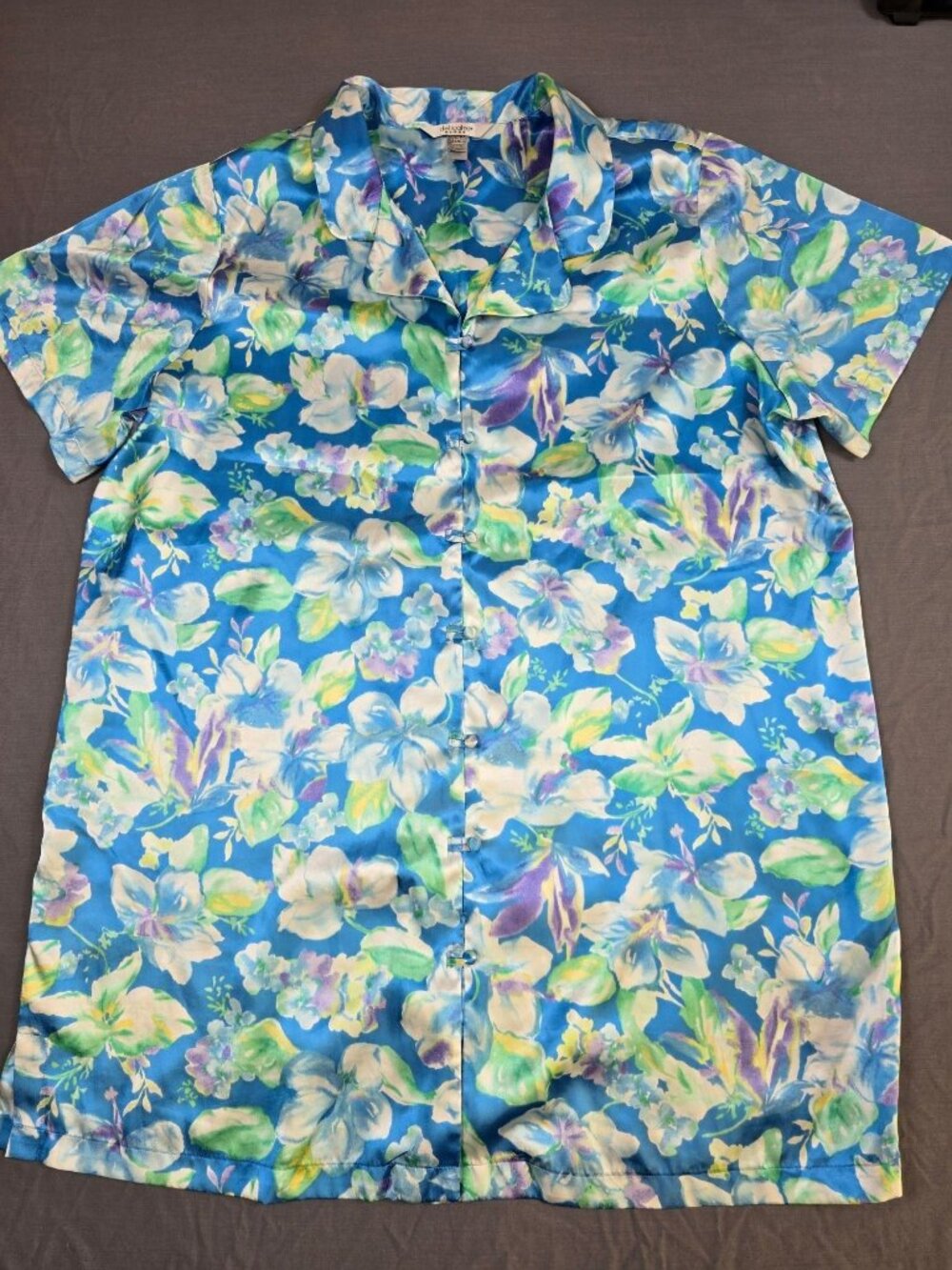 Delicates Floral Button-Up Sleep Pajamas Gown 2X Blue & Green Short Sleeve